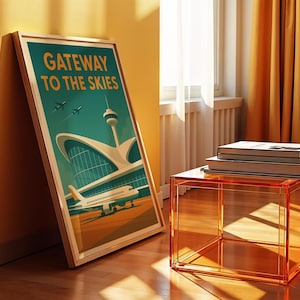 May include: A framed art print titled "Gateway to the Skies" featuring an airport scene with an airplane, control tower, and text. The print is propped against a yellow wall. A clear orange cube table holds books.