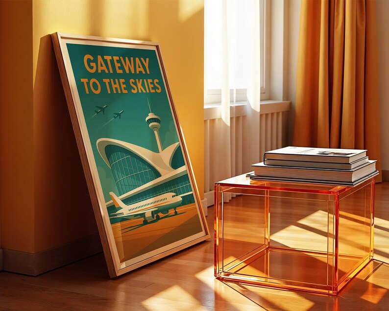 May include: A framed art print titled "Gateway to the Skies" featuring an airport scene with an airplane, control tower, and text. The print is propped against a yellow wall. A clear orange cube table holds books.