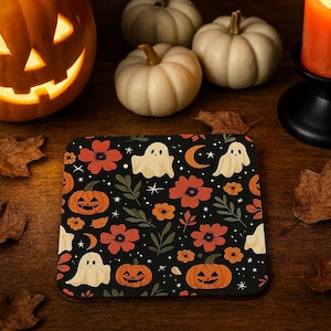 Halloween Ghost Coaster: Floral Pumpkin Autumn Decor