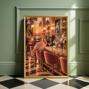Art Deco-tryck med flamingo-cocktailbar, rosa tropisk väggkonst (fysiskt verk)
