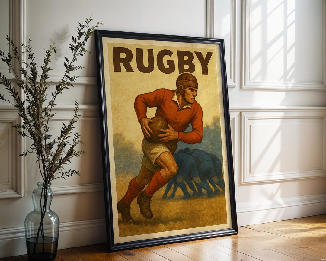 Vintage Rugby Poster: 1930s Leather Helmet Player Illustration (digital ...