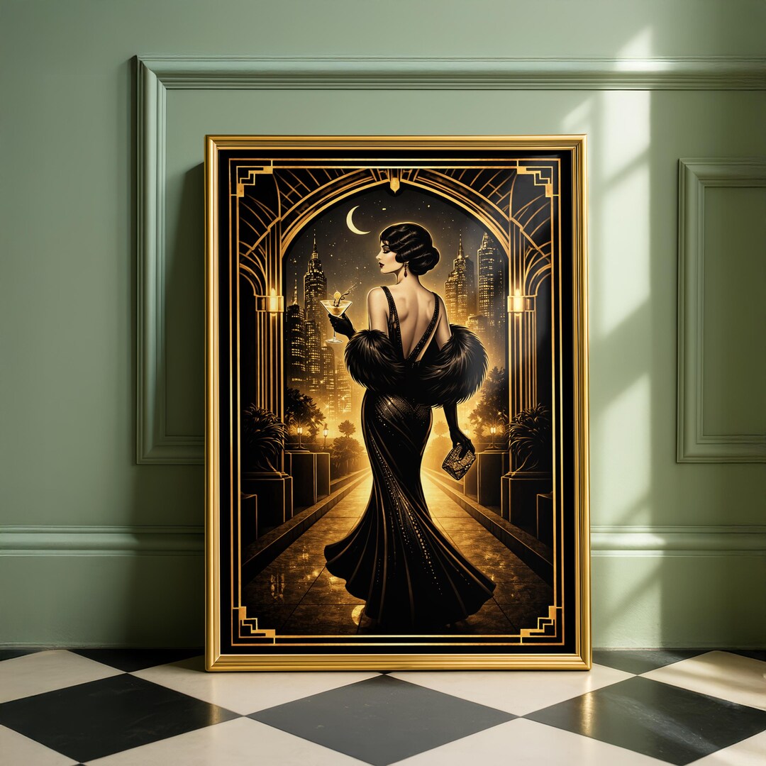 Art Deco Night Poster, Vintage Glamour Print, Gold Black Wall Art ...