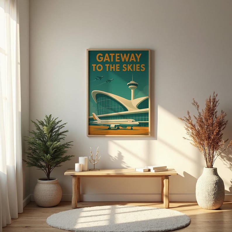May include: A framed vintage-style travel poster with the text "Gateway to the Skies" above an illustration of an airport terminal and a passenger airplane. The poster is displayed on a wall above a wooden bench with decorative items.