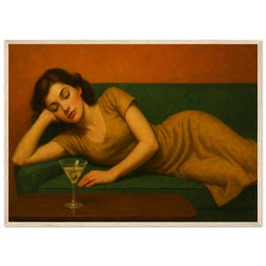 ミッドセンチュリー・マティーニ・ウォールアート - 緑のソファに横たわる女性、風景画、ヴィンテージプリント - 美術館品質のマット紙、木製フレームポスター