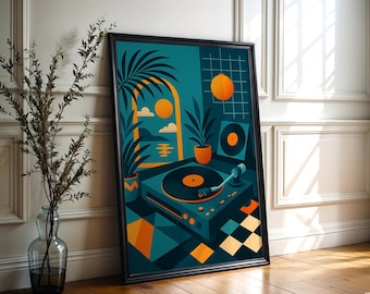 Puede incluir: Impresión artística enmarcada con una ilustración en verde azulado y naranja de un tocadiscos, palmeras y una puesta de sol. La obra de arte tiene un estilo retro, moderno de mediados de siglo con formas geométricas.