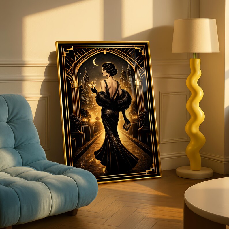 Art Deco Night Poster, Vintage Glamour Print, Gold Black Wall Art ...