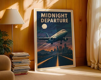Mid-Century Aviation Poster: Retro Airplane Night Departure (Digital Download