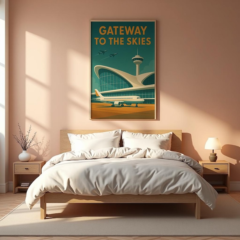 May include: A framed art print titled "Gateway to the Skies" depicts an airport scene with an airplane, control tower, and terminal building. The artwork features a retro style with a teal, orange, and beige color palette.