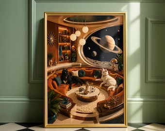 May include: A framed art print shows a retro-futuristic interior with a circular sofa and a view of Saturn. Two cats, one black and one white, are on the sofa. The print has a gold frame and is set against a green wall.