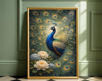 Peacock Botanical Wall Art – Elegant Bird Digital Download