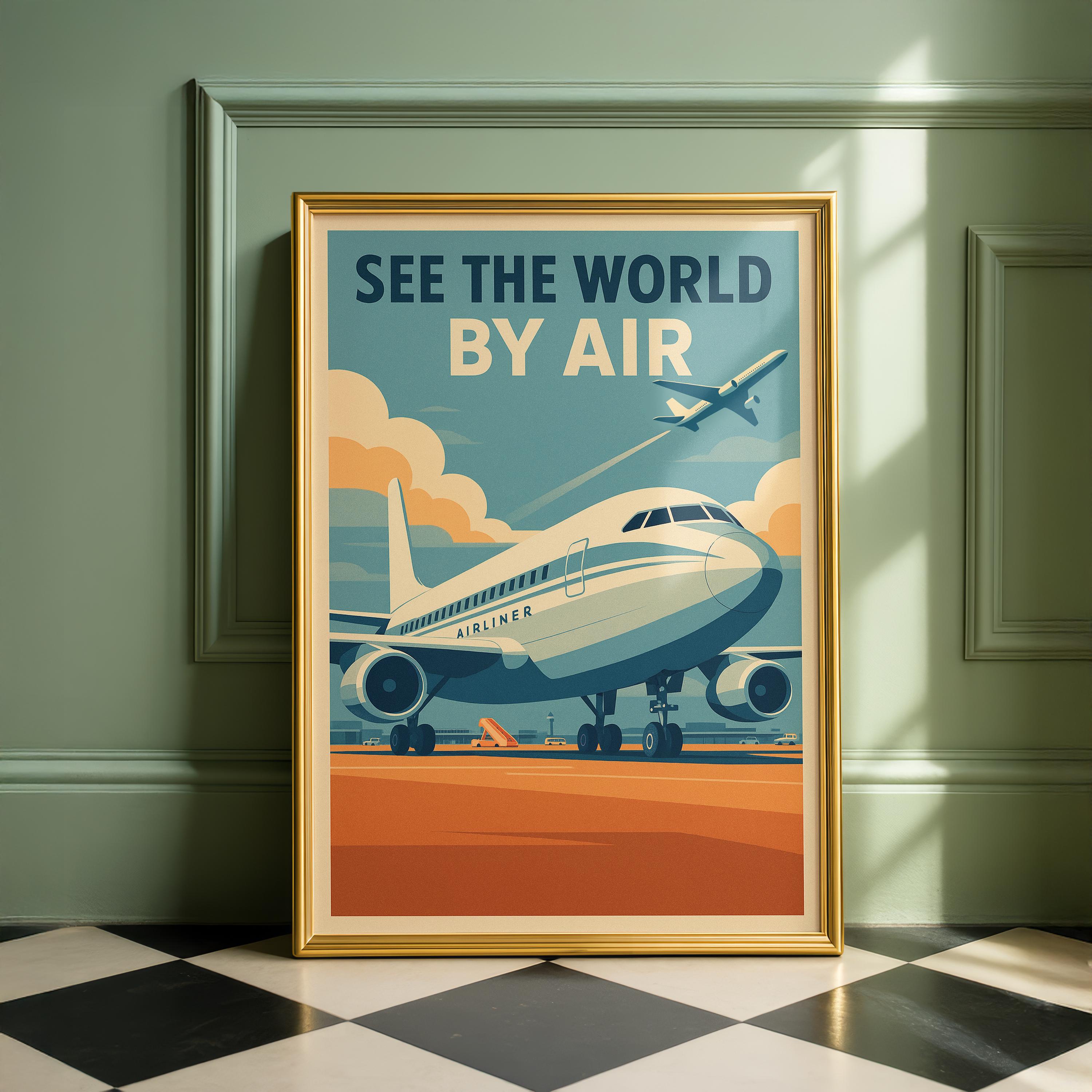 Retro Airplane Travel Poster: Mid-century Aviation Art Print. See