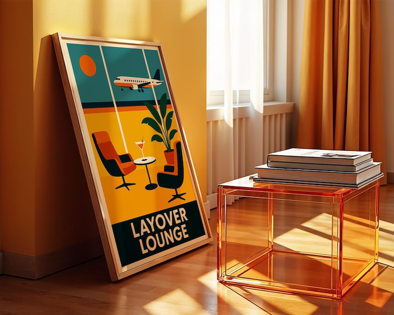 May include: A framed poster with a retro travel theme, featuring an airplane, chairs, and the text "LAYOVER LOUNGE." An orange acrylic side table holds stacked books. The scene is bathed in warm sunlight, with orange curtains and a yellow wall.