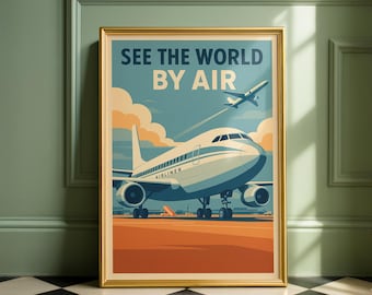 Retro Aviation Poster: Mid-Century Jet Age Travel Print. See The World By Air (Digital Download)
