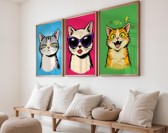 Pop Art Cat Prints Set – Funny Comic Style Posters (Digital Download)