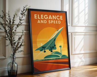 May include: Framed poster with a retro design featuring a Concorde jet taking off against a sunset backdrop. The poster has the words "ELEGANCE AND SPEED" in a bold font. The color palette includes orange, teal, and beige.