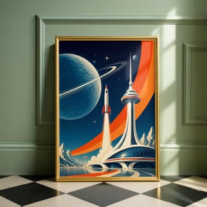 Retro-Weltraumzeit-Poster, Science-Fiction-Raketenkunst der Mitte des 20. Jahrhunderts, futuristischer Dekordruck