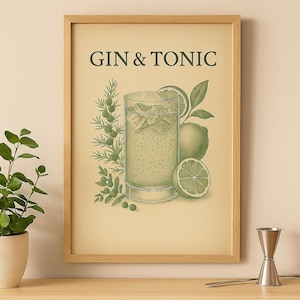 Gin & Tonic Printable Poster – Vintage Botanical Cocktail Wall Art, Digital Download, Kitchen or Bar Decor