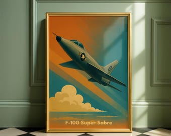 May include: A framed vintage-style print featuring an F-100 Super Sabre jet in flight. The artwork has a retro aesthetic with a color palette of orange, teal, and yellow. The jet is gray with a star emblem. The text "F-100 Super Sabre" is at the bottom.
