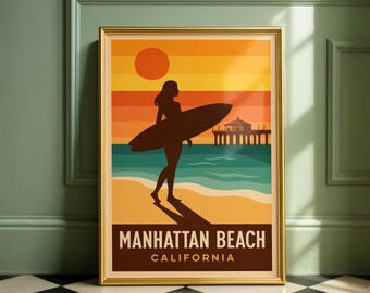 Impresión de chica surfera de Manhattan Beach, arte retro californiano (descarga digital)