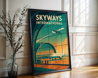 Retro Futuristic Airport Poster: Mid-Century Modern Aviation Wall Art