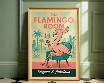 Póster retro de cóctel de flamenco: arte mural tropical de mediados de siglo - The Flamingo Room