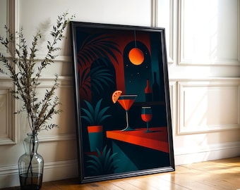 May include: Framed art print featuring a stylized cocktail scene. The artwork showcases a vibrant orange cocktail with a slice of orange, a wine glass, and a bottle against a dark teal and orange background. The print is in a black frame.