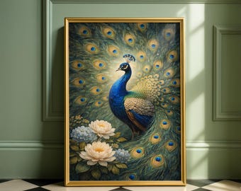 Peacock Botanical Wall Art – Elegant Bird Fine Art Poster