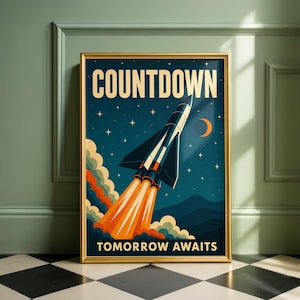 Può includere: Un poster incorniciato con uno sfondo spaziale blu scuro e un razzo in fase di decollo. Il testo COUNTDOWN appare in alto e TOMORROW AWAITS in basso. Fiamme arancioni brillanti emergono dalla base del razzo, con stelle e una luna crescente visibili nel cielo sopra sagome di montagne scure.
