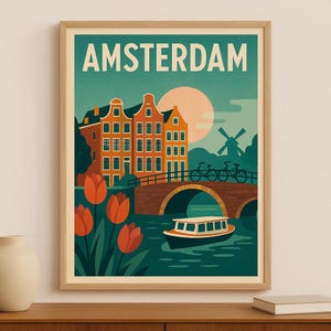 Amsterdam Travel Poster – Mid-Century Modern Wall Art with Canal, Tulips and Bicycles