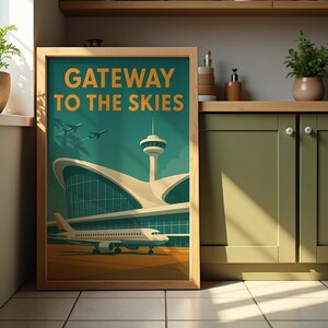 May include: A framed art print with the text "GATEWAY TO THE SKIES" in orange. The artwork depicts an airport terminal, control tower, and a passenger airplane on the tarmac. The background is teal with three airplanes flying.