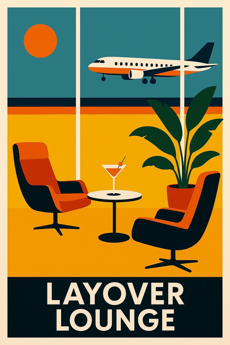 May include: A retro-style poster featuring a lounge scene with an airplane outside a window. Two orange and black chairs face a small table with a cocktail. A potted plant sits nearby. The words "LAYOVER LOUNGE" are at the bottom.