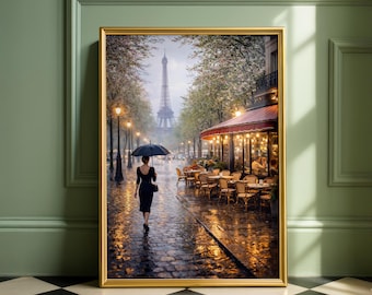 Paris Street Scene Art Print, Eiffel Tower, Cozy Cafe (Digital Download)