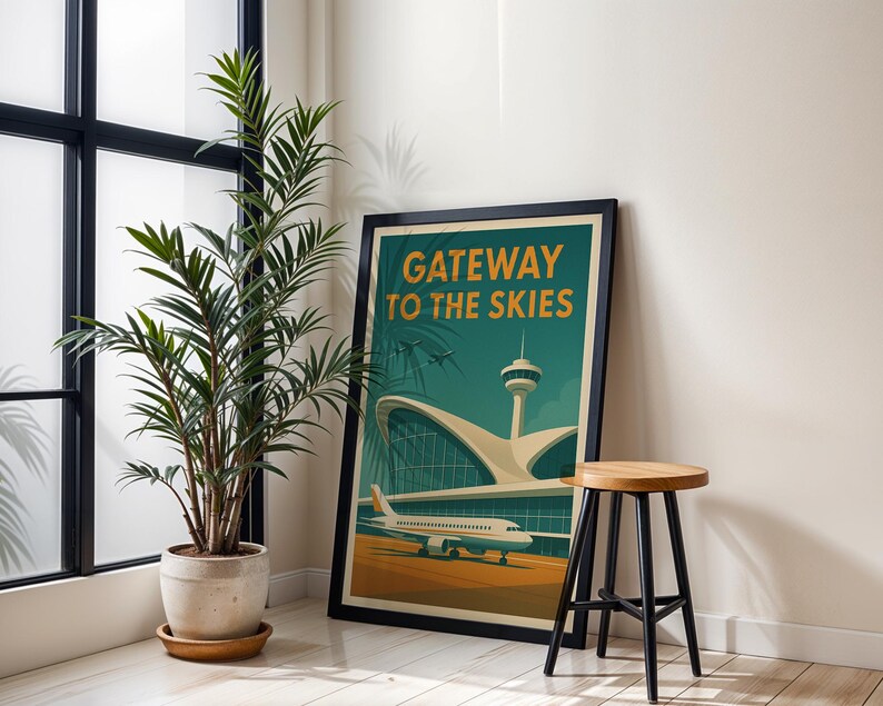 May include: A framed poster with the text "Gateway to the Skies" features a vintage airport design. The artwork includes an airplane, control tower, and terminal building in shades of teal, orange, and beige. A wooden stool with black legs sits nearby.