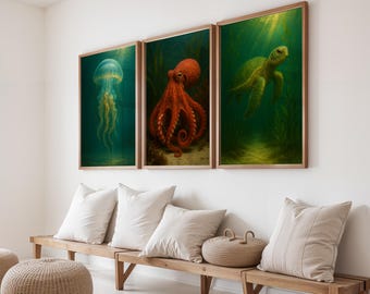 Ocean Animal Art Prints | Octopus, Jellyfish, Turtle Trio (Digital Download)