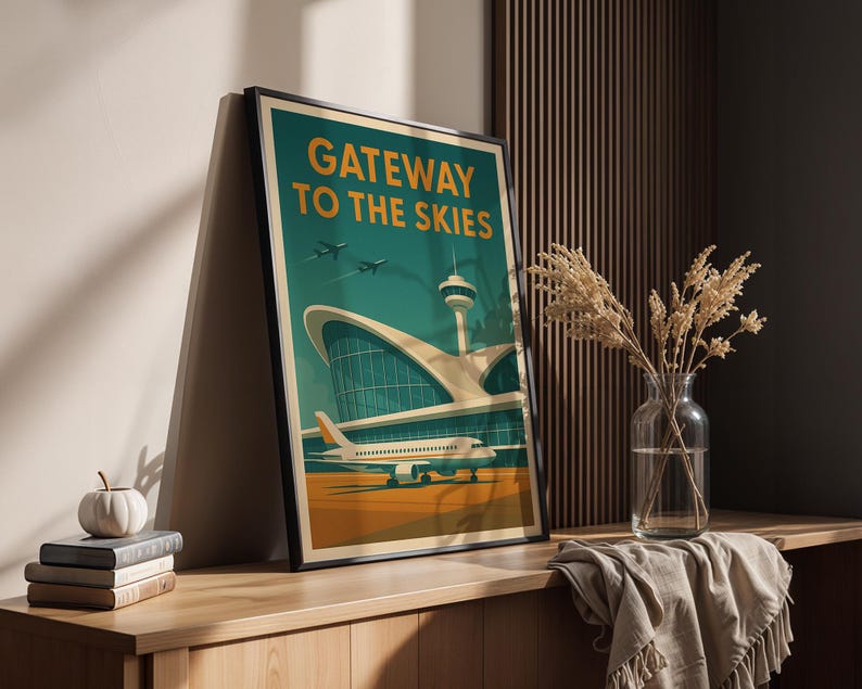 May include: Framed art print featuring a vintage-style illustration of an airport terminal with the text "Gateway to the Skies." The artwork showcases an airplane on the tarmac, with a teal and orange color scheme. The print is displayed on a wooden surface.