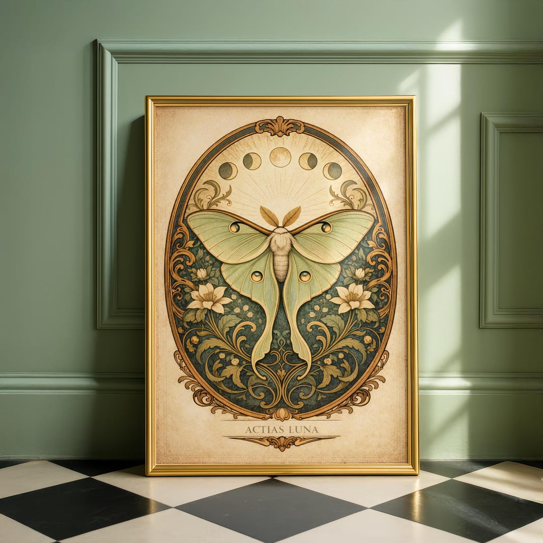 Art Nouveau Luna Moth Print, Vintage Insect Illustration, Ornamental ...