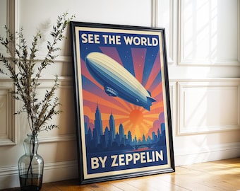 Retro zeppelin-reisposter: luchtschipkunst uit het midden van de eeuw (digitale download)