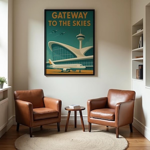 May include: A framed poster with the text "GATEWAY TO THE SKIES" depicts an airport scene with an airplane, control tower, and stylized architecture. Two brown leather armchairs and a small wooden table sit on a round rug.