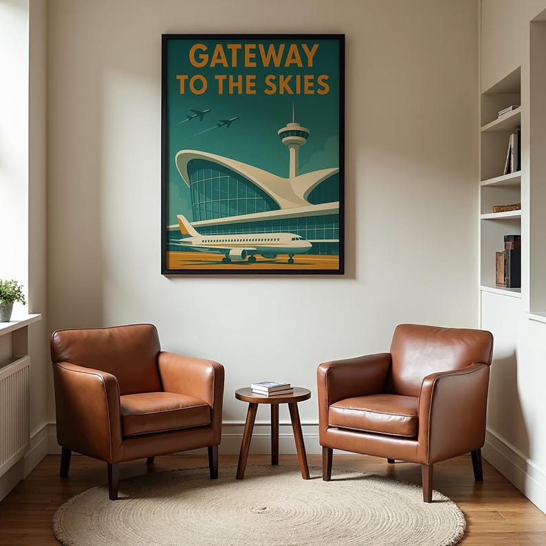 May include: A framed poster with the text "GATEWAY TO THE SKIES" depicts an airport scene with an airplane, control tower, and stylized architecture. Two brown leather armchairs and a small wooden table sit on a round rug.