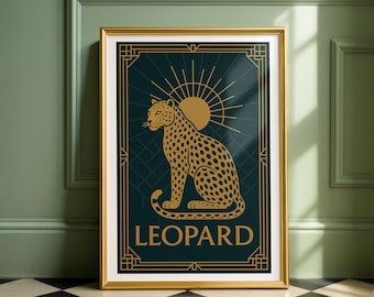 Art Deco Leopard Print: Elegant Gold & Teal Animal Illustration (Digital Download)