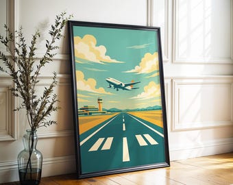 Póster retro de aeropuerto, arte mural de viajes de mediados de siglo, impresión de aviación vintage, sueños de pista (descarga digital)