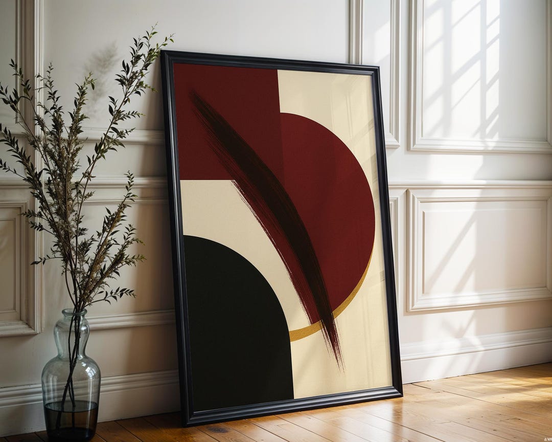 Minimalist Abstract Wall Art Print – Burgundy, Black & Gold Geometric ...