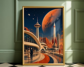 以下が含まれることがあります： レトロフューチャーな宇宙港の風景を描いた額装されたウォールアートプリント。高い白いロケット、洗練された展望塔、暗い星空に浮かぶ大きなオレンジ色の惑星が特徴です。フォーマルな服装の人々が建物の近くの湾曲したプラットフォームに立っています。