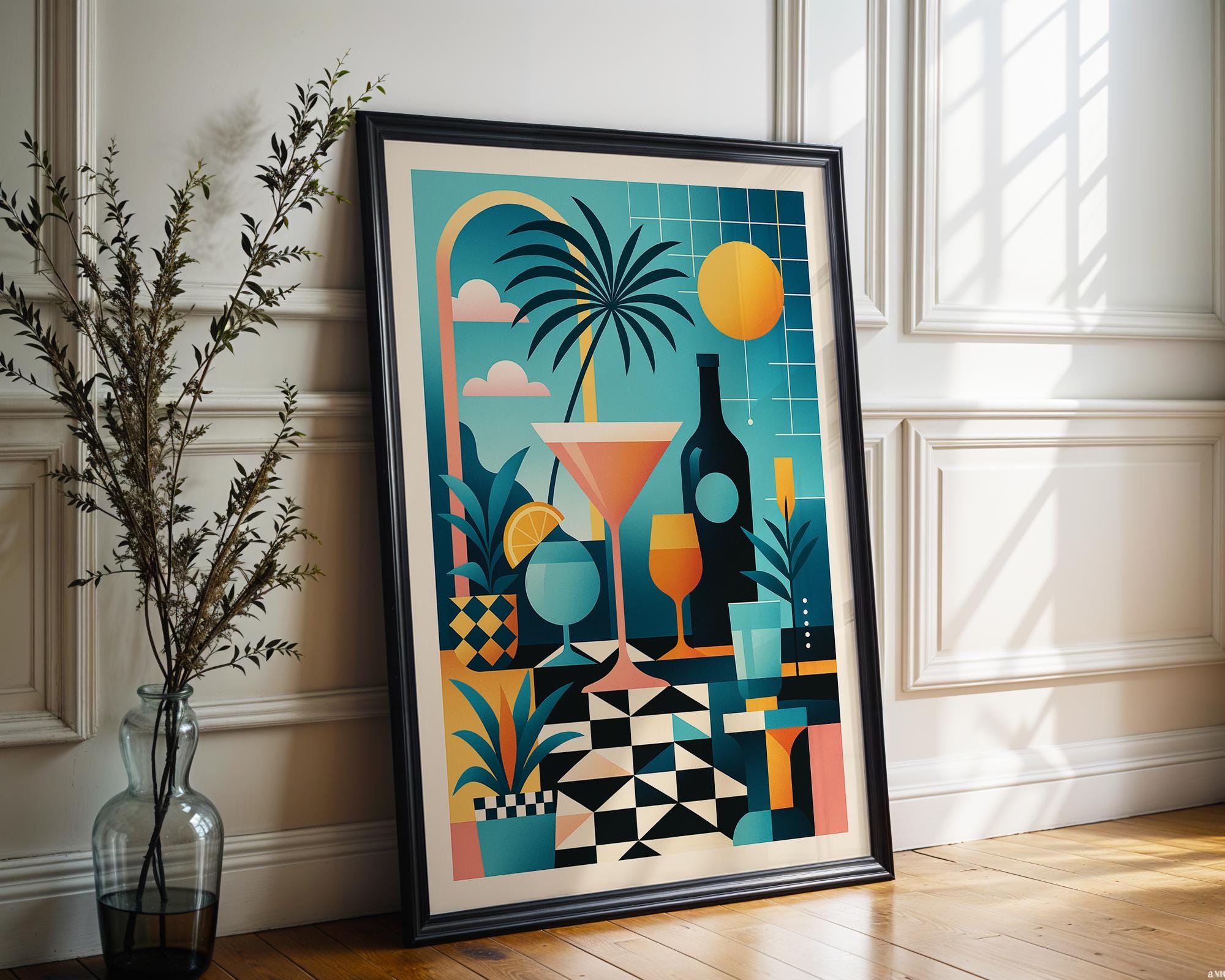 80s Retro Cocktail Art Print: Surreal Memphis Style Wall Decor