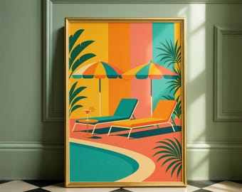 Retro Poolside Print - Mid-Century Moderne Wandkunst, Sommer Lounge Poster, Cocktail Dekor, digitaler Download