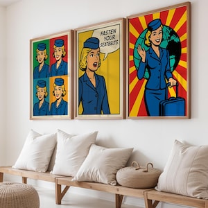 Retro Flight Attendant Pop Art Poster Set: Vintage Aviation Decor (Digital Download)