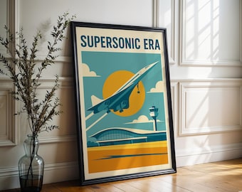 May include: Framed art print featuring a retro-style illustration of a Concorde supersonic jet taking off. The artwork has a blue, yellow, and orange color scheme with the text "SUPERSONIC ERA" at the top. The print is displayed in a black frame.