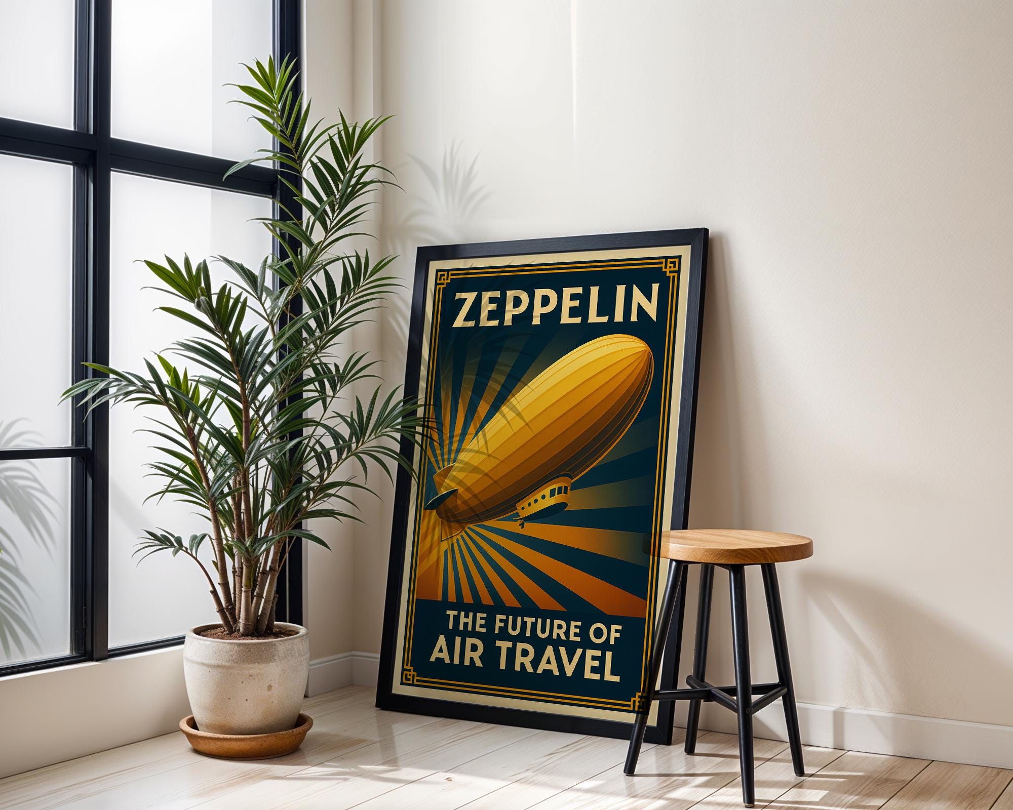 Retro Zeppelin Retro Zeppelin Aviation Poster: Vintage Art Deco Airship Travel Print ...