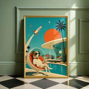 Atomic Space Dog Print, Mid Century Modern Retro Rocket Art, Palm Springs Decor