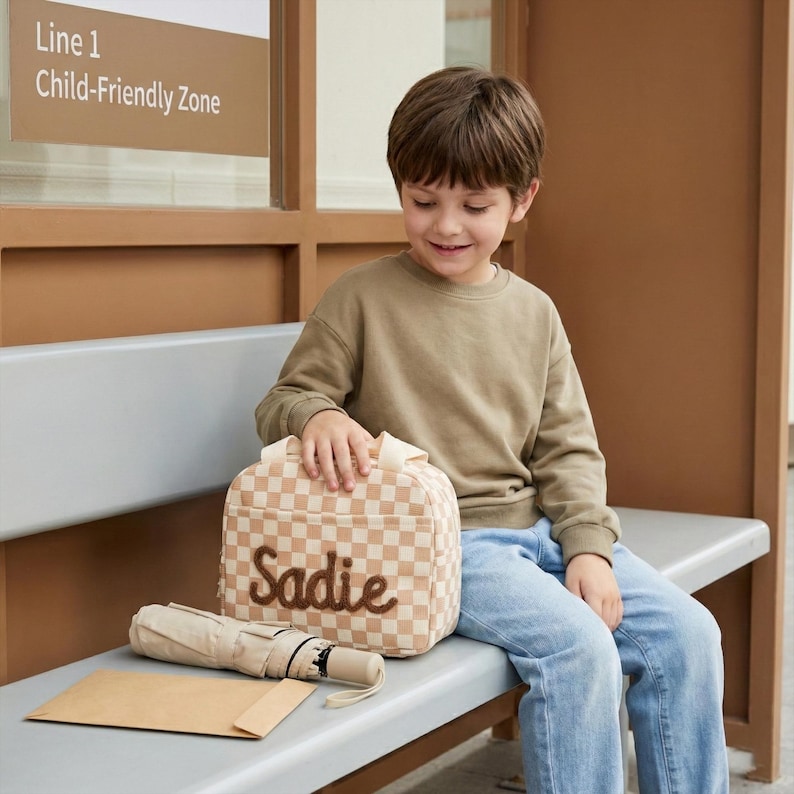May include: A child is sitting on a bench with a beige and white checkered lunch bag embroidered with the name "Sadie". An umbrella and a brown envelope are next to the bag. The child is wearing a tan sweatshirt and blue jeans.